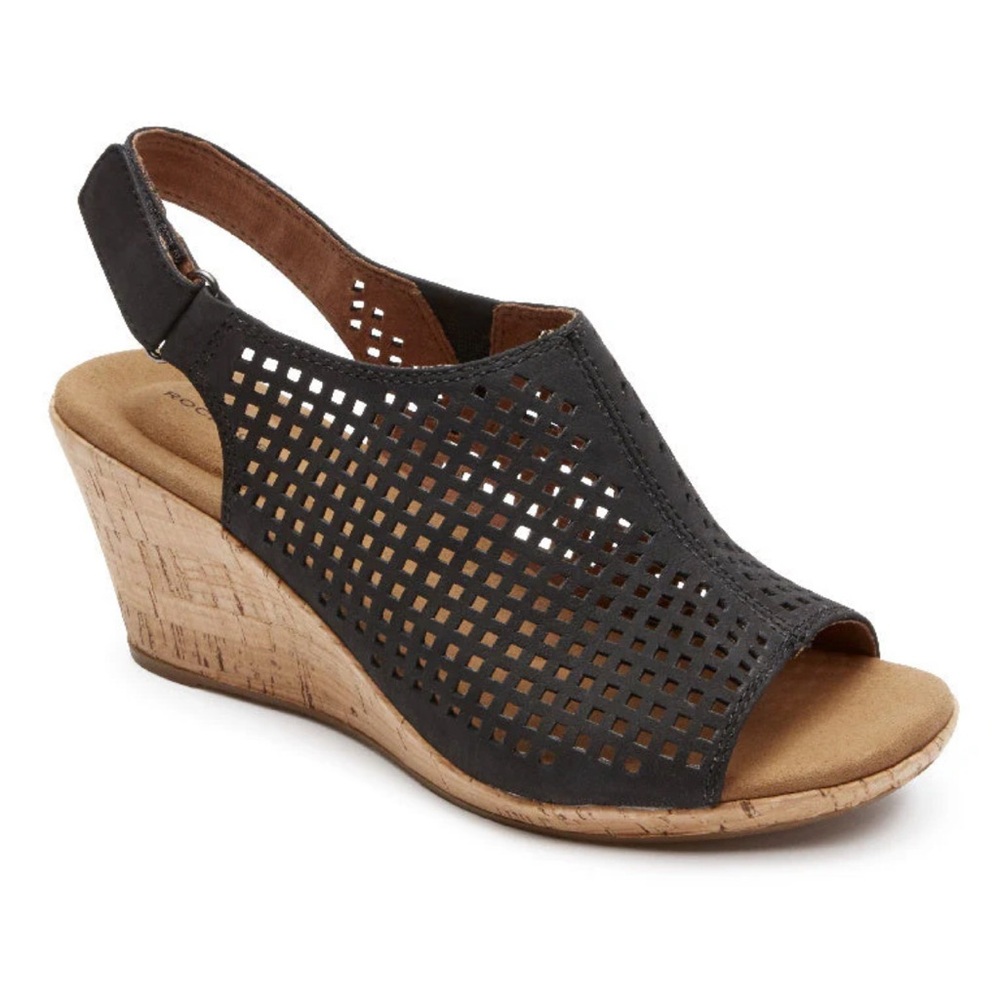 Rockport Black Wedge Sandals with Perforated Design, 7.5 Wide Width